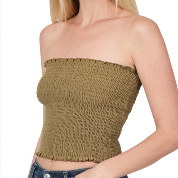 NEW ZENANA SMOCKED TUBE TOP DUSTY OLIVE GREEN S, M, L, XL - Picture 1 of 1